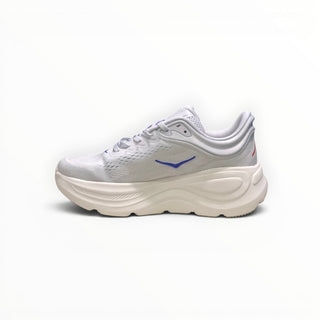 EWW Sports Shoes Men's Hoka Bondi 9 white and blue running shoe with maximum cushioning and engineered mesh upper.
