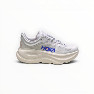 EWW Sports Shoes Men's Hoka Bondi 9 white and blue running shoe with maximum cushioning and engineered mesh upper.