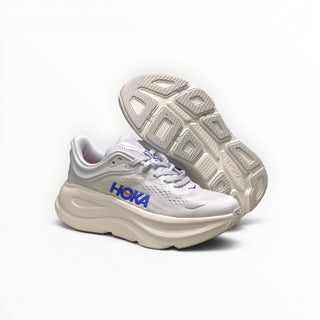 EWW Sports Shoes men's white and blue Hoka Bondi 9 running shoes with plush cushioning and engineered mesh upper.
