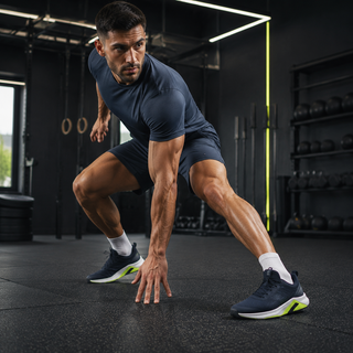 Male athlete wearing stable training shoes in a modern gym