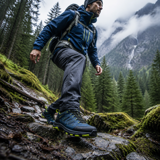 Male hiker wearing technical hiking shoes on a mountain trail