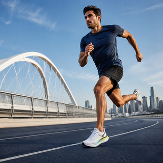 Male runner wearing cushioned running shoes on an urban track