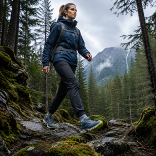Female hiker wearing technical hiking shoes on a mountain trail