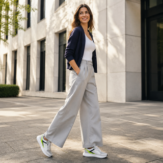 Woman wearing versatile lifestyle sneakers in a modern city