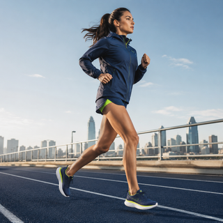 Female runner wearing cushioned running shoes on an urban track