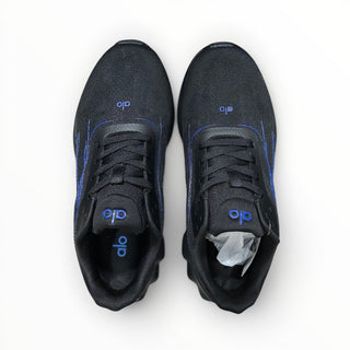 FWSports Shoes Alo Runner black and blue lightweight low-top sneakers with breathable mesh and lace-up closure.