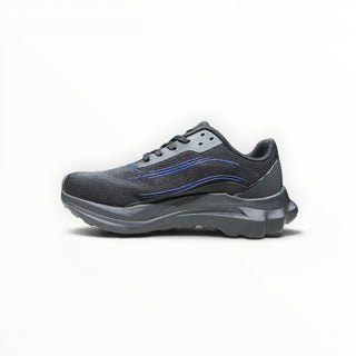 FWSports Shoes Alo Runner low-top sneakers in black with blue accents, featuring a breathable mesh and cushioned sole.