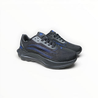 FWSports Shoes Alo Yoga Alo Runner sneakers in black and blue with breathable mesh and cushioned low-top design.