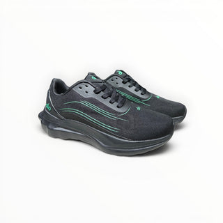 FWSports Shoes Alo Runner womens low-top sneakers in black with green accents and breathable mesh upper.
