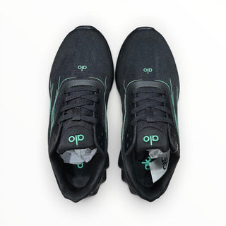 FWSports Shoes Alo Runner womens low-top sneakers in black with green accents, featuring a breathable mesh upper.
