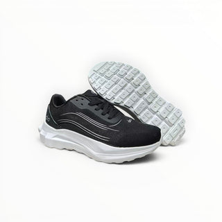 FWSports Shoes Alo Runner womens black and white lightweight low-top sneakers with cushioned midsoles and textured soles.