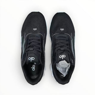 FWSports Shoes Alo Runner black and white lightweight low-top sneakers with breathable mesh and cushioned midsoles.