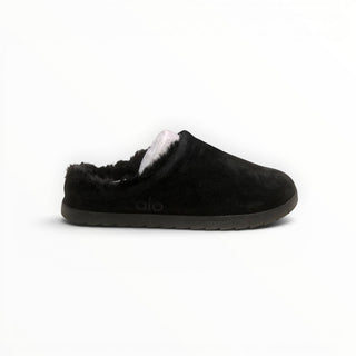 FWSports Shoes Alo Yoga black plush recovery slipper with soft faux fur lining and slip-on design for indoor comfort