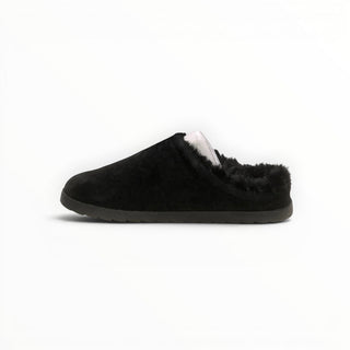 FWSports Shoes Alo Yoga black faux fur recovery slipper with a plush interior and slip-on open-back design.