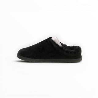 FWSports Shoes Alo Yoga black plush faux fur recovery slipper in a side profile view for indoor comfort.