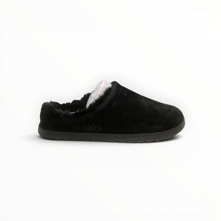 FWSports Shoes Alo Yoga black faux fur recovery slipper with a plush interior and slip-on design for indoor comfort.
