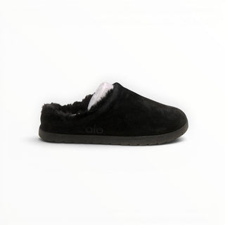FWSports Shoes Alo Yoga black faux fur recovery slipper with a plush slip-on design for indoor comfort.