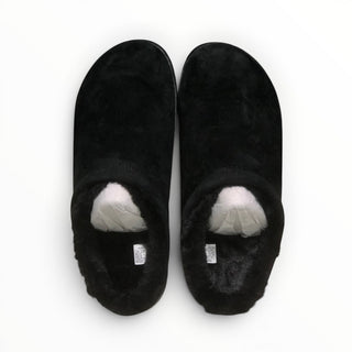 FWSports Shoes Alo Yoga black faux fur recovery slippers with a plush interior and open-back slip-on design.