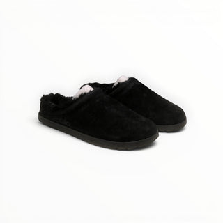 FWSports Shoes Alo Yoga black plush recovery slippers with soft faux fur lining and easy slip-on design.