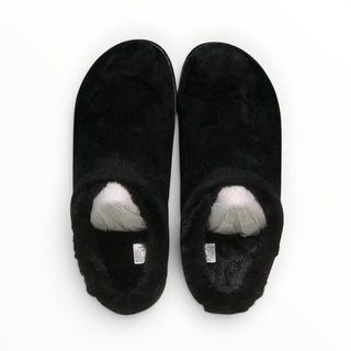 FWSports Shoes Alo Yoga black plush faux fur recovery slippers with an easy slip-on design for indoor comfort.