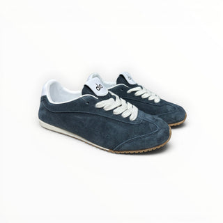 FWSports Shoes Alo Yoga Sunset blue suede low-top lifestyle sneakers with white laces and a gum rubber outsole.