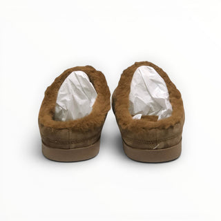 FWSports Shoes Alo Yoga dark brown faux fur recovery slippers with plush lining and open-back slip-on design.