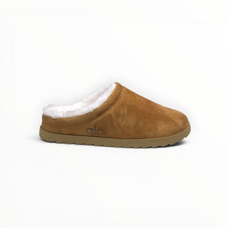 FWSports Shoes Alo Yoga brown faux fur recovery slipper with plush white lining and slip-on design