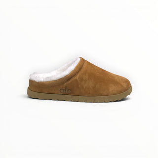 FWSports Shoes Alo Yoga brown faux fur recovery slipper with plush white lining and slip-on design