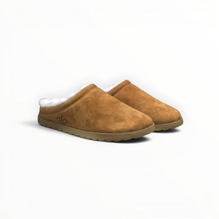 FWSports Shoes Alo Yoga brown faux fur recovery slippers with plush white lining and slip-on design