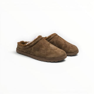 FWSports Shoes Alo Yoga dark brown plush faux fur recovery slippers with a slip-on design and cushioned sole.