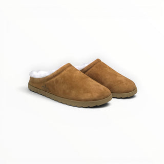 FWSports Shoes Alo Yoga brown faux fur recovery slippers with plush white lining and slip-on design.