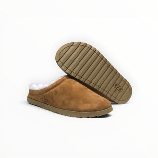FWSports Shoes Alo Yoga brown faux fur recovery slippers with plush white lining and textured rubber outsoles.