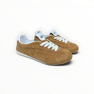 FWSports Shoes Alo Yoga Sunset brown suede low-top lifestyle sneakers with white laces and cushioned interior.