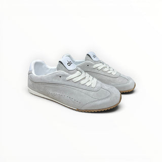 FWSports Shoes Alo Yoga Sunset grey suede low-top lifestyle sneakers with white laces and a gum rubber outsole.