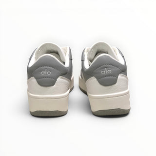 FWSports Shoes Alo Yoga Recovery Mode low-top sneakers in grey and white, showing the rear heel view with logo detail.
