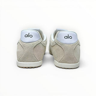 FWSports Shoes Alo Yoga Sunset beige suede low-top sneakers, rear view showing white heel tabs with black logo branding.