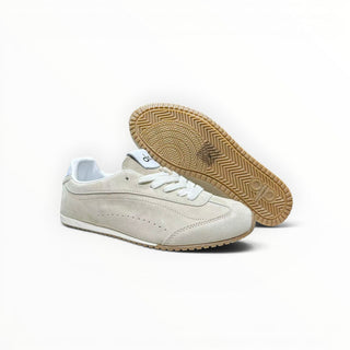 FWSports Shoes Alo Yoga Sunset beige suede low-top lifestyle sneakers with a gum rubber outsole.