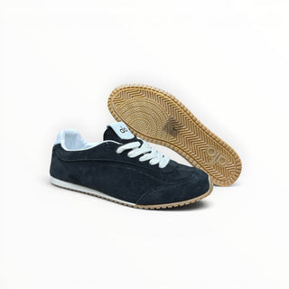 FWSports Shoes Alo Yoga Sunset black suede low-top sneakers with white laces and a gum rubber outsole.