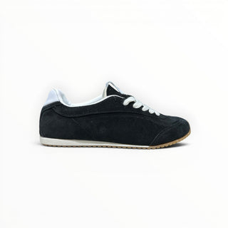 FWSports Shoes Alo Yoga Sunset black suede low-top sneakers with white laces and a gum rubber outsole.