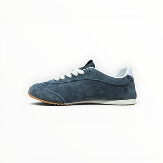 FWSports Shoes Alo Yoga Sunset blue low-top lifestyle sneakers with suede upper, white laces, and rubber outsole.