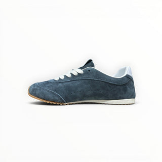 FWSports Shoes Alo Yoga Sunset blue suede low-top lifestyle sneakers with white laces and a gum rubber outsole.
