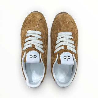 FWSports Shoes Alo Yoga Sunset brown suede low-top sneakers with white laces and cushioned interior, top-down view.