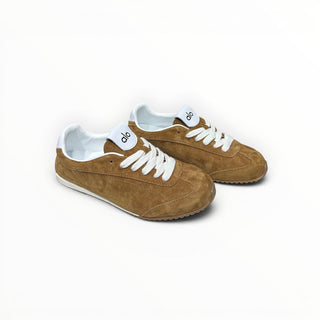 FWSports Shoes Alo Yoga Sunset brown suede low-top sneakers with white laces and cushioned interior.