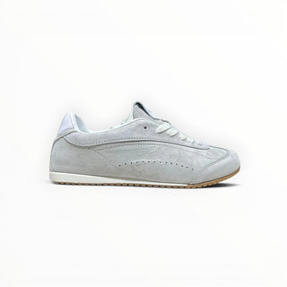FWSports Shoes Alo Yoga Sunset grey suede low-top lifestyle sneakers with white laces and a gum rubber outsole.