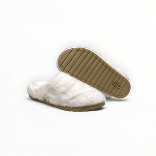 FWSports Shoes Alo Yoga white faux fur recovery slippers with a tan textured sole for indoor comfort.
