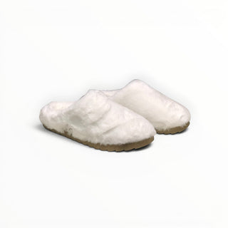 FWSports Shoes Alo Yoga white faux fur recovery slippers with a plush slip-on design for indoor comfort.