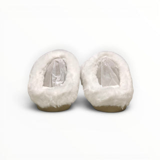 FWSports Shoes Alo Yoga white faux fur recovery slippers with a plush open-back design for indoor comfort.