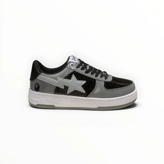 FWSports Shoes BAPE STA low-top sneakers in black and grey patent leather with signature star logo and white midsole.