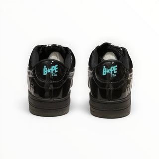 FWSports Shoes BAPE STA low-top sneakers in black patent leather featuring teal logo embroidery on the heel