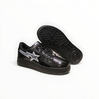 FWSports Shoes BAPE STA low-top sneakers in black patent leather with a silver star logo and black rubber sole.